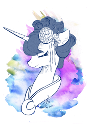 Size: 3507x4960 | Tagged: safe, artist:chirpy-chi, princess luna, alicorn, pony, absurd resolution, alternate hairstyle, clothes, floppy ears, kimono (clothing), monochrome, signature, simple background, smiling, solo