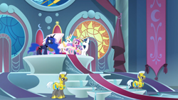 Size: 1920x1080 | Tagged: safe, screencap, princess cadance, princess celestia, princess flurry heart, princess luna, shining armor, alicorn, pony, unicorn, season 8, spoiler:s08, auntlestia, canterlot throne room, ethereal mane, female, intro, male, mare, momlestia, royal family, royal guard, stallion, throne room