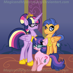 Size: 860x860 | Tagged: safe, artist:magicandmysterygal, derpibooru import, flash sentry, twilight sparkle, twilight sparkle (alicorn), oc, oc:simple question, alicorn, pony, alternate hairstyle, armor, female, flashlight, glasses, male, mare, offspring, parent:flash sentry, parent:twilight sparkle, parents:flashlight, shipping, straight