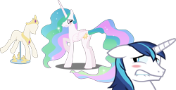 Size: 3932x2011 | Tagged: safe, artist:byteslice, artist:firestorm-can, artist:sketchmcreations, artist:spacekingofspace, edit, editor:slayerbvc, princess celestia, shining armor, alicorn, pony, unicorn, accessory-less edit, barehoof, blushing, crown, embarrassed, female, horseshoes, jewelry, lip bite, looking back, male, mare, peytral, ponyquin, regalia, simple background, stallion, transparent background, we don't normally wear clothes