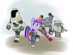 Size: 971x734 | Tagged: safe, artist:metal-kitty, derpibooru import, twilight sparkle, robot, clothes, crossover, fallout, fallout 4, glasses, gun, laser musket, magic, mister handy, pipboy, pipbuck, protectron, saddle bag, telekinesis, turret