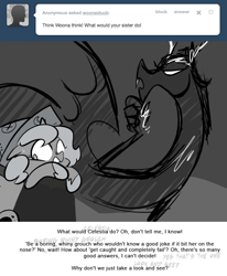 Size: 666x809 | Tagged: safe, artist:egophiliac, discord, princess luna, alicorn, pony, ask, cartographer's cap, filly, grayscale, hat, monochrome, moonstuck, tumblr, woona, younger