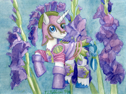 Size: 3532x2630 | Tagged: safe, artist:kelseyleah, shining armor, pony, unicorn, armor, braided tail, flower, high res, looking at you, male, raised hoof, solo, stallion, tail band, traditional art