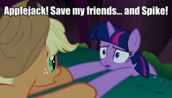 Size: 985x560 | Tagged: safe, derpibooru import, edit, edited screencap, screencap, applejack, spike, twilight sparkle, dragon, earth pony, pony, friendship is magic, caption, cliff, futurama, image macro, meta, my friends and zoidberg, reference