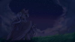 Size: 2002x1139 | Tagged: safe, artist:shinoamashiro, princess luna, alicorn, pony, cloud, grass, lidded eyes, looking away, night, sitting, solo, spread wings, stars