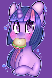 Size: 1725x2582 | Tagged: safe, artist:bunxl, derpibooru import, twilight sparkle, blushing, burger, food, hay burger, heart eyes, solo, that pony sure does love burgers, twilight burgkle, wingding eyes