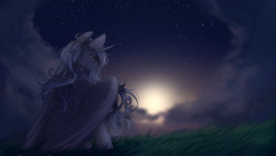 Size: 2002x1139 | Tagged: safe, artist:shinoamashiro, princess luna, alicorn, pony, cloud, grass, lidded eyes, looking away, sitting, solo, spread wings, stars, sunrise