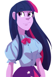 Size: 1000x1400 | Tagged: safe, artist:lilianmorgan, derpibooru import, twilight sparkle, twilight sparkle (alicorn), alicorn, equestria girls, simple background, smirk, solo