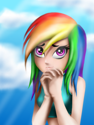 Size: 1276x1684 | Tagged: safe, artist:gravitythunder, rainbow dash, begging, clothes, female, humanized, multicolored hair