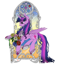 Size: 1341x1524 | Tagged: safe, artist:sourcherry, derpibooru import, twilight sparkle, twilight sparkle (alicorn), alicorn, pony, applejack's cutie mark, crown, cutie mark, female, flower, fluttershy's cutie mark, implied mane six, jewelry, mare, nouveau, pinkie pie's cutie mark, rainbow dash's cutie mark, rarity's cutie mark, regalia, simple background, solo, throne