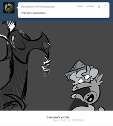 Size: 666x740 | Tagged: safe, artist:egophiliac, discord, princess luna, alicorn, pony, ask, cartographer's cap, filly, hat, monochrome, moonstuck, neo noir, partial color, tumblr, woona, woonoggles, younger