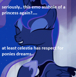 Size: 380x381 | Tagged: safe, edit, edited screencap, screencap, princess luna, alicorn, pony, abuse, drama bait, emo, image macro, luna hate, lunabuse, meme, op is a cuck, op is trying to start shit, solo, vulgar