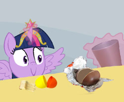 Size: 542x447 | Tagged: safe, derpibooru import, twilight sparkle, twilight sparkle (alicorn), alicorn, pony, big crown thingy, element of magic, evil, exploitable meme, female, kinder egg, mare, meme, solo, spilled milk, trash can, twilight's kinder egg, wings