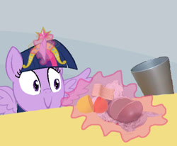 Size: 542x447 | Tagged: safe, derpibooru import, twilight sparkle, twilight sparkle (alicorn), alicorn, pony, big crown thingy, element of magic, evil, exploitable meme, female, kinder egg, mare, meme, solo, spilled milk, trash can, twilight's kinder egg, wings