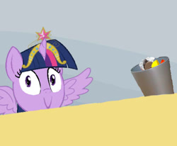 Size: 542x447 | Tagged: safe, derpibooru import, twilight sparkle, twilight sparkle (alicorn), alicorn, pony, big crown thingy, element of magic, evil, exploitable meme, female, kinder egg, mare, meme, solo, spilled milk, trash can, twilight's kinder egg, wings