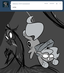 Size: 666x761 | Tagged: safe, artist:egophiliac, discord, princess luna, alicorn, pony, ask, cartographer's cap, filly, grayscale, hat, monochrome, moonstuck, tumblr, woona, woonoggles, younger