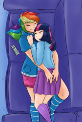 Size: 1280x1906 | Tagged: safe, artist:ambris, artist:glacierclear, derpibooru import, rainbow dash, twilight sparkle, human, butt touch, clothes, cuddling, equestria girls outfit, eyes closed, female, hand on butt, humanized, lesbian, shipping, shorts, sketch, skirt, sleeping, smiling, snuggling, socks, sofa, striped socks, twidash