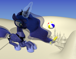 Size: 900x700 | Tagged: safe, artist:blackoakshield, princess luna, alicorn, pony, 3d, beach, blender, prone, sand, sandcastle, solo, volleyball