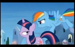 Size: 1024x640 | Tagged: safe, screencap, rainbow dash, twilight sparkle, pegasus, pony, games ponies play, vulgar, youtube caption