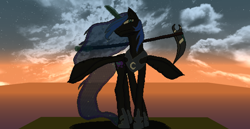 Size: 1024x528 | Tagged: safe, artist:lucario84, nightmare moon, princess luna, alicorn, pony, game screencap, magic, minecraft, minecraft pixel art, pixel art, princess of the night, scythe, solo, weapon