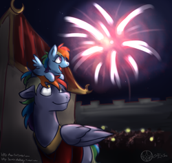 Size: 1000x948 | Tagged: safe, artist:aeritus, rainbow blaze, rainbow dash, pegasus, pony, 30 minute art challenge, chinese new year, father and child, father and daughter, fireworks, male, parent and child, pony hat