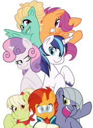 Size: 779x1071 | Tagged: dead source, safe, artist:candie-cane-draws, granny smith, limestone pie, scootaloo, shining armor, sunburst, sweetie belle, zephyr breeze, earth pony, pegasus, pony, unicorn, alternate universe, base used, glasses, simple background, transparent background, young granny smith, younger