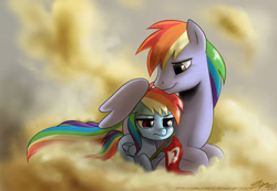 Size: 1100x762 | Tagged: safe, artist:johnjoseco, rainbow blaze, rainbow dash, pegasus, pony, games ponies play, blank flank, cloud, crying, duo, father and child, father and daughter, female, filly, foal, hooves, hug, lying on a cloud, male, on a cloud, parent and child, prone, stallion, winghug, wings