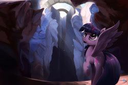 Size: 2400x1600 | Tagged: safe, artist:noctilucent-arts, derpibooru import, twilight sparkle, twilight sparkle (alicorn), alicorn, pony, castle, crepuscular rays, female, mare, raised hoof, ruins, smiling, solo, spread wings