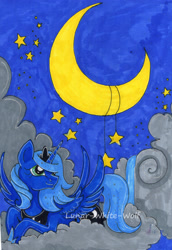 Size: 2062x2991 | Tagged: safe, artist:lunar-white-wolf, princess luna, alicorn, pony, cloud, crescent moon, crown, jewelry, moon, regalia, s1 luna, smiling, solo, spread wings, stars, traditional art
