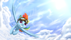 Size: 1920x1080 | Tagged: safe, artist:sonicrainboom93, rainbow dash, pegasus, pony, cloud, cloudy, flying, goggles, laputa: castle in the sky, solo, wallpaper