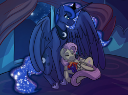 Size: 2732x2048 | Tagged: safe, artist:percy-mcmurphy, fluttershy, princess luna, oc, oc:dream catcher, alicorn, pegasus, pony, colt, cuddling, eyebrows, female, lesbian, lunashy, magical lesbian spawn, male, mother and child, mother and son, next generation, night, offspring, parent and child, parent:fluttershy, parent:princess luna, parents:lunashy, shipping, sitting, size difference, sleeping, smiling, trio