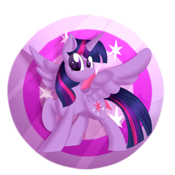 Size: 1024x1024 | Tagged: safe, artist:catavenger, derpibooru import, twilight sparkle, twilight sparkle (alicorn), alicorn, pony, button, female, mare, raised hoof, smiling, solo, spread wings