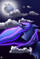 Size: 1024x1502 | Tagged: safe, artist:auro-ria, princess luna, alicorn, pony, cloud, eyes closed, floppy ears, moon, night, solo, windswept mane