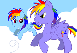 Size: 1024x715 | Tagged: safe, artist:carol-aredesu, rainbow blaze, rainbow dash, pegasus, pony, father and child, father and daughter, female, male, parent and child, stallion, younger
