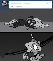 Size: 666x761 | Tagged: safe, artist:egophiliac, nightmare moon, princess luna, alicorn, pony, ask, cartographer's element of courage, dark woona, doll, filly, grayscale, monochrome, moonstuck, nightmare woon, toy, tumblr, woona, younger