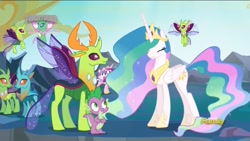 Size: 1920x1080 | Tagged: safe, screencap, cornicle, princess cadance, princess celestia, princess flurry heart, spike, thorax, alicorn, changedling, changeling, dragon, pony, to where and back again, changeling king, ethereal mane, eyes closed, female, king thorax, male, mare, smiling