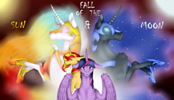 Size: 968x558 | Tagged: safe, artist:twilightmeep, derpibooru import, nightmare moon, nightmare star, sunset shimmer, twilight sparkle, twilight sparkle (alicorn), alicorn, pony, unicorn, fanfic:fall of the sun and moon, ethereal mane, fanfic art, female, mane of fire, mare, starry mane