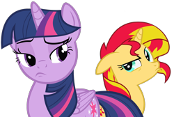 Size: 3000x2013 | Tagged: safe, artist:sikander, derpibooru import, edit, sunset shimmer, twilight sparkle, twilight sparkle (alicorn), alicorn, pony, unicorn, pouting, simple background, transparent background, vector