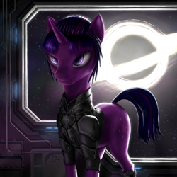 Size: 4000x4000 | Tagged: safe, artist:ampgamer, derpibooru import, twilight sparkle, accretion disk, alternate hairstyle, alternate universe, black hole, clothes, gargantua, interstellar, parody, solo, spaceship, uniform