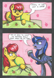 Size: 800x1150 | Tagged: safe, artist:frenkieart, apple bloom, princess luna, alicorn, earth pony, pony, bed, comic, dialogue, dream walker luna, duo, female, filly, horseshoes, mare, marker drawing, traditional art