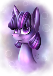 Size: 420x595 | Tagged: safe, artist:karmamoonshadow, derpibooru import, twilight sparkle, pony, unicorn, female, horn, mare, purple coat, purple mane, solo