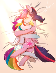 Size: 849x1108 | Tagged: safe, artist:lessue, derpibooru import, rainbow dash, twilight sparkle, twilight sparkle (alicorn), alicorn, pegasus, pony, cuddling, cute, eyes closed, female, hug, lesbian, mare, shipping, snuggling, twidash