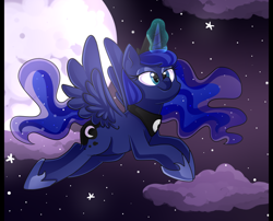 Size: 1786x1444 | Tagged: safe, artist:regkitty, princess luna, alicorn, pony, flying, magic, moon, night, night sky, smiling, solo, space