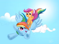Size: 4000x3000 | Tagged: safe, artist:haru-the-light, rainbow dash, scootaloo, pegasus, pony, flying, ponies riding ponies, riding, scootalove