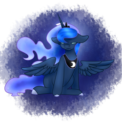 Size: 2000x2000 | Tagged: safe, artist:graceyriver, princess luna, alicorn, pony, floppy ears, glowing eyes, sitting, solo, spread wings