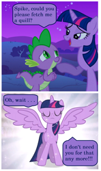 Size: 864x1460 | Tagged: safe, derpibooru import, screencap, spike, twilight sparkle, twilight sparkle (alicorn), alicorn, dragon, pony, owl's well that ends well, female, mare, op is a cuck, op is trying to start shit, quill, screencap comic, wings