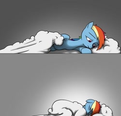 Size: 576x555 | Tagged: safe, artist:thestoicmachine, rainbow dash, pegasus, pony, alone, bed, cloud bed, eyes closed, gray background, in bed, lonely, sad, simple background, solo