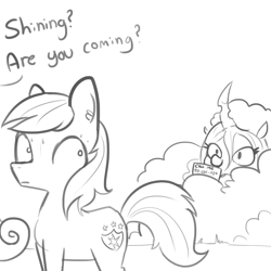 Size: 1650x1650 | Tagged: safe, artist:tjpones, queen chrysalis, shining armor, changeling, changeling queen, pony, unicorn, bush, double entendre, ear fluff, female, grayscale, hiding, hugs 4 bugs, male, missing horn, monochrome, offscreen character, phone number, simple background, stalker, stalking, stallion, sweat, white background