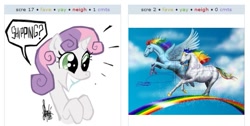 Size: 539x272 | Tagged: safe, artist:dreamertheresa, artist:theartrix, rainbow dash, sweetie belle, pegasus, pony, crossover, exploitable meme, juxtaposition, juxtaposition win, realistic, shipping, starlite