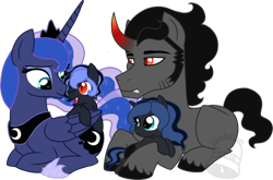 Size: 900x594 | Tagged: safe, artist:tambelon, king sombra, princess luna, oc, oc:moon blossom, oc:prince nocturne, alicorn, pony, unicorn, colt, female, filly, lumbra, male, mare, offspring, parent:king sombra, parent:princess luna, parents:lumbra, shipping, simple background, stallion, straight, transparent background, watermark